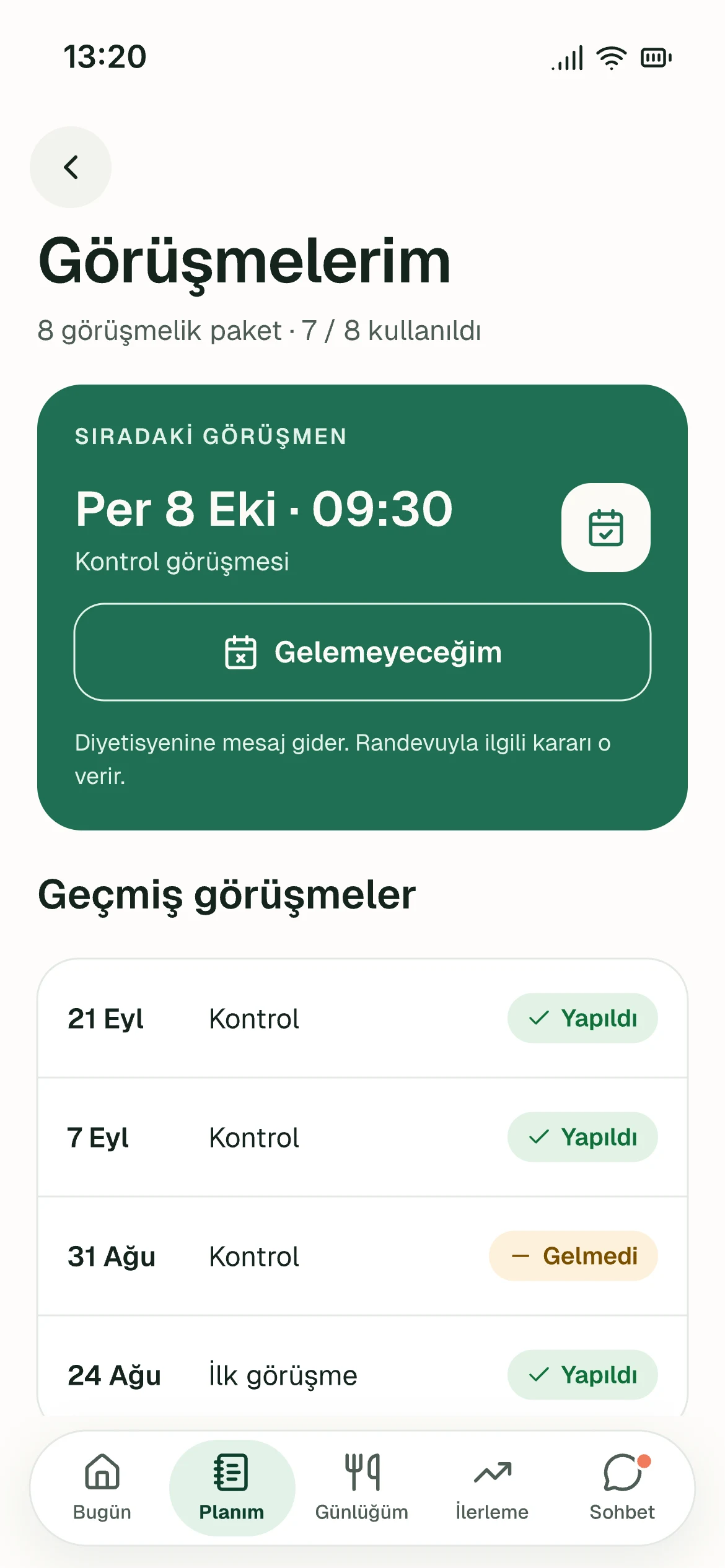 Görüşmelerim — ekran görüntüsü
